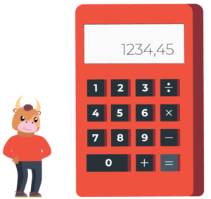 crypto mascot standing by a huge calculator