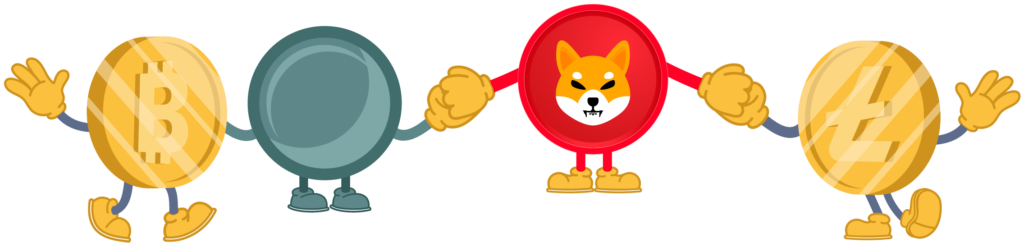 bitcoin, litecoin, shiba and unknown coin mascots holding hands
